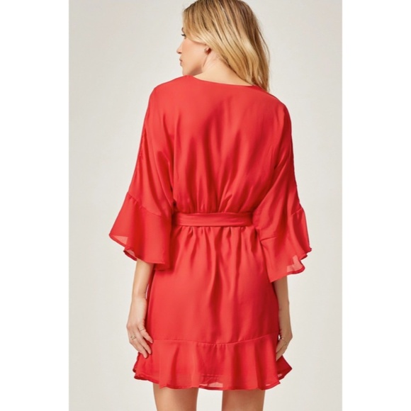 SOLD OUT Red Surplice 3/4 Bell Sleeve Woven Cocktail Flare Party Dress - Picture 3 of 6